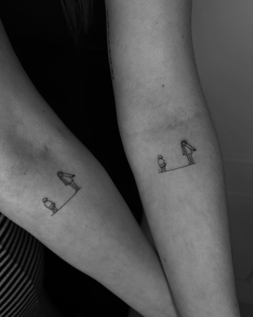 Minimalist Continuous Line Sibling Embrace matching sibling tattoo