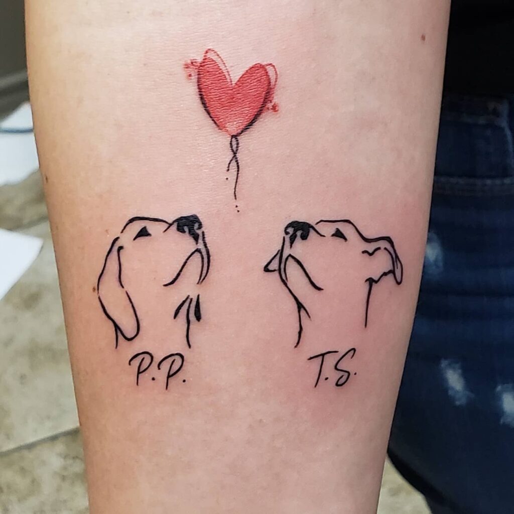 Minimalist Dog Profiles with Heart Balloon Tattoo dog memorial tattoos tattoo