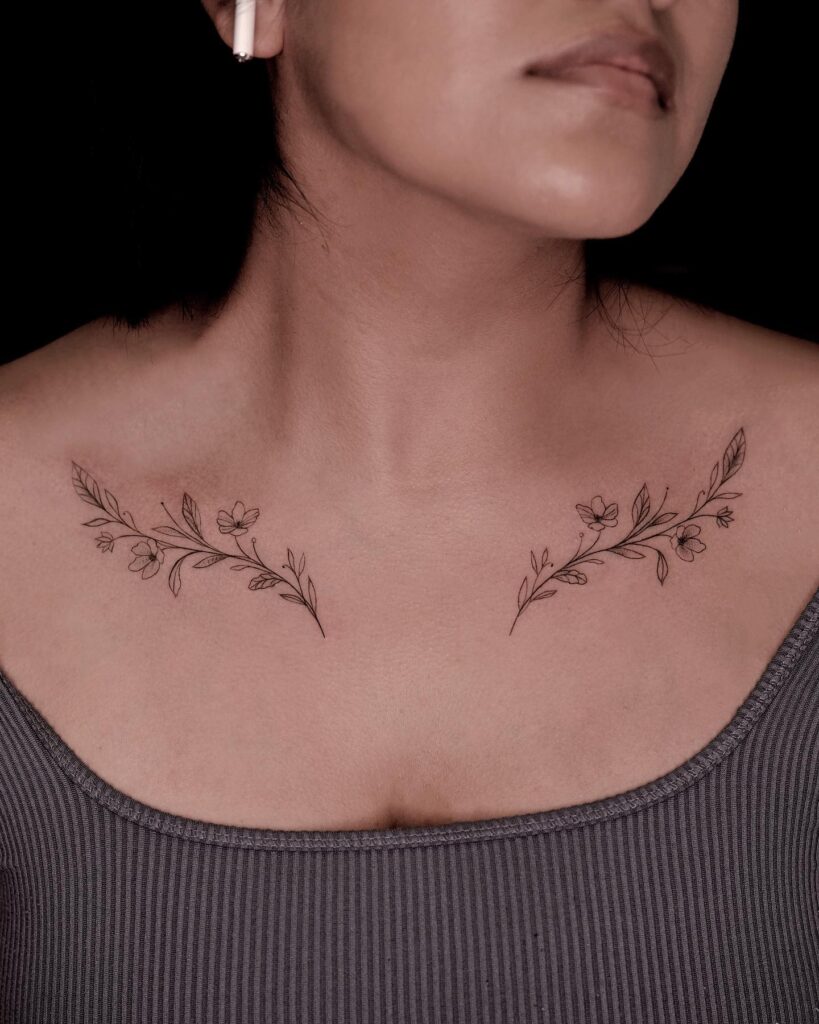 Minimalist Dove And Phrase Collarbone Tattoo