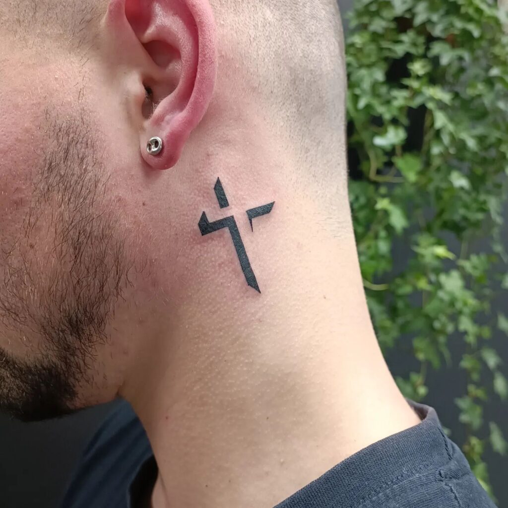 Minimalist Geometric Cross Neck Tattoo cross tattoos for men tattoo