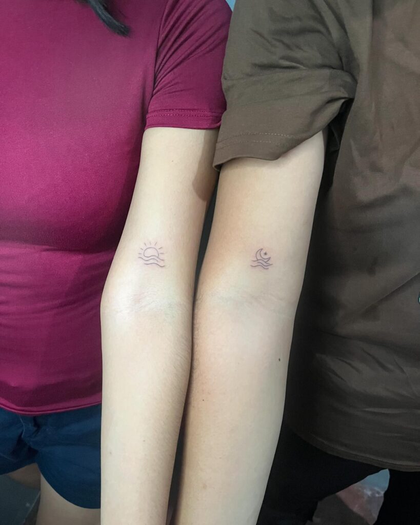 Minimal sun and moon with waves tattoos
