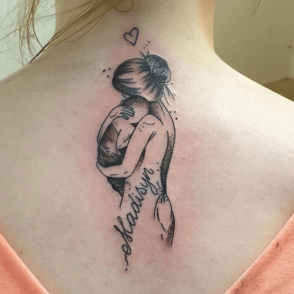 Minimalist Mother and Baby Silhouette kids name tattoo
