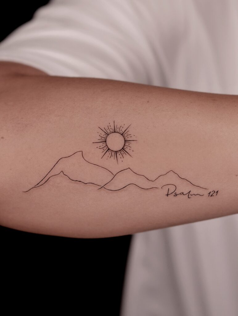 Minimalist Mountain Vista in Geometric Circle fine line tattoo