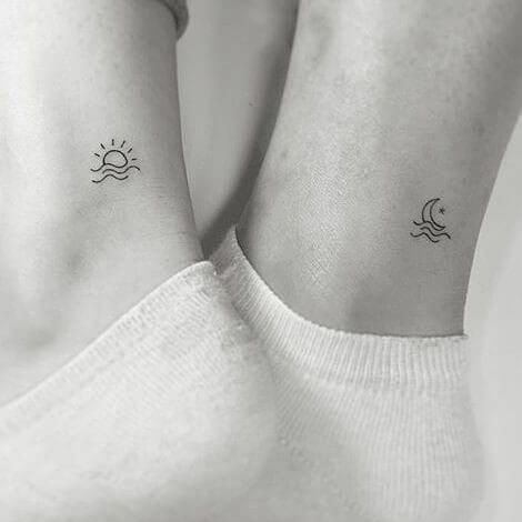 Minimalist Sun and Moon with Waves Ankle Tattoos for Best Friends matching best friend tattoos tattoo