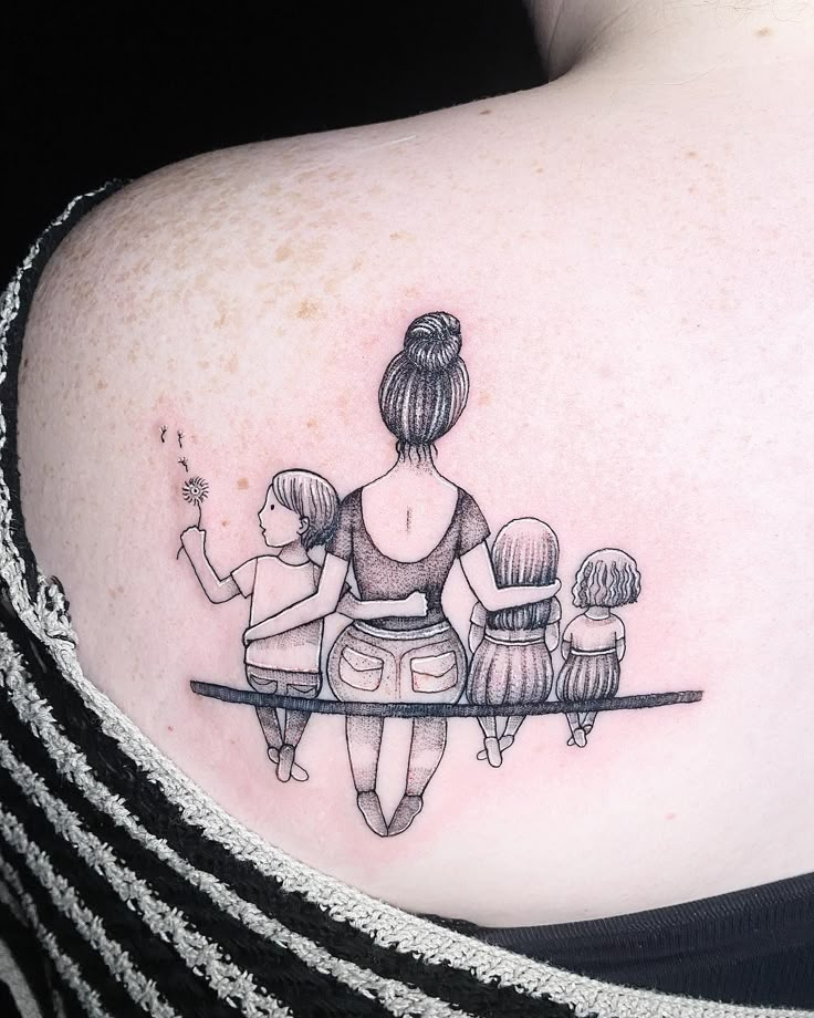 Mom and Three Kids Bench Silhouette Tattoo mom with kids tattoos tattoo