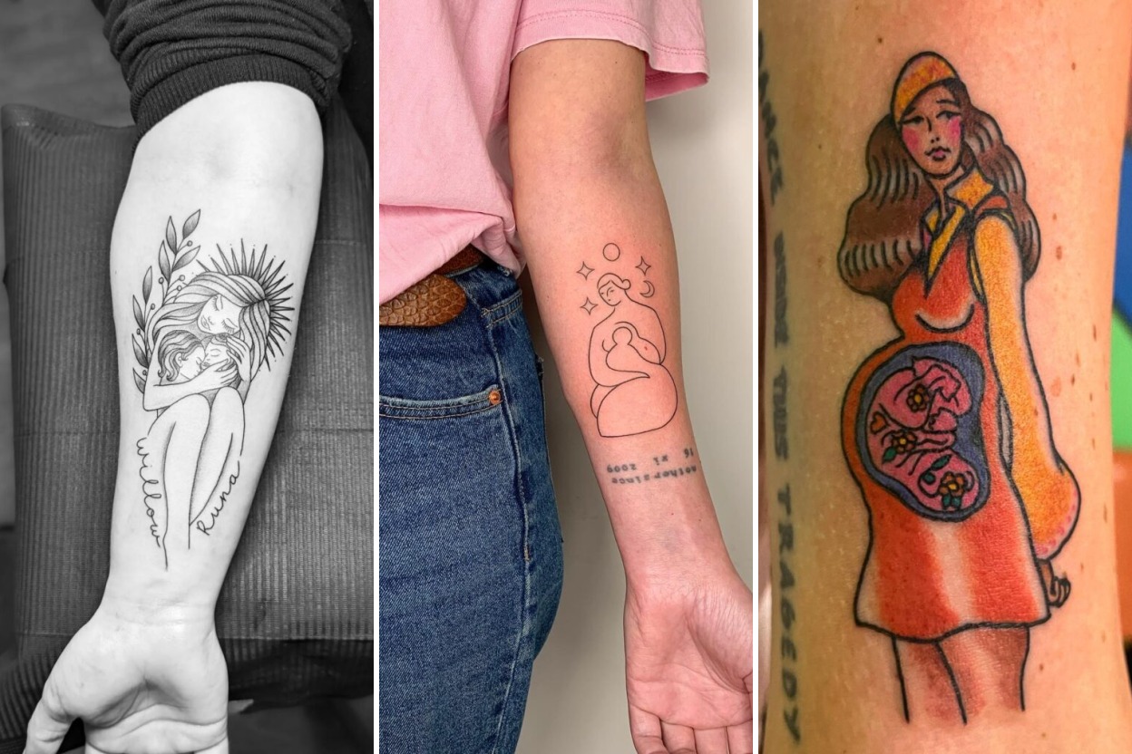 Aesthetic mom with kids tattoos and delicate ink ideas collage