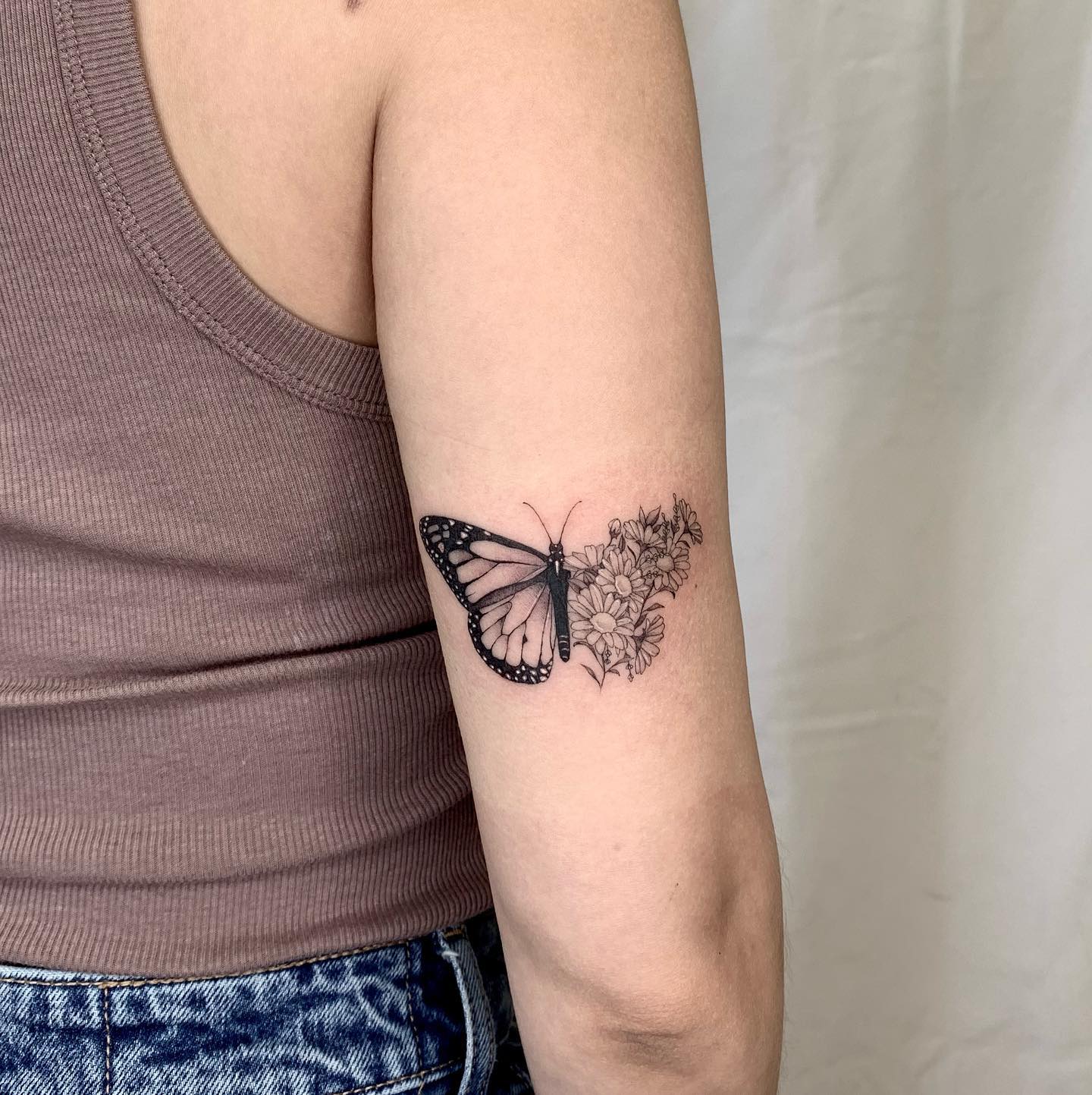 Pink Butterfly and Blossom Half Flower Tattoo half butterfly half flower tattoos tattoo