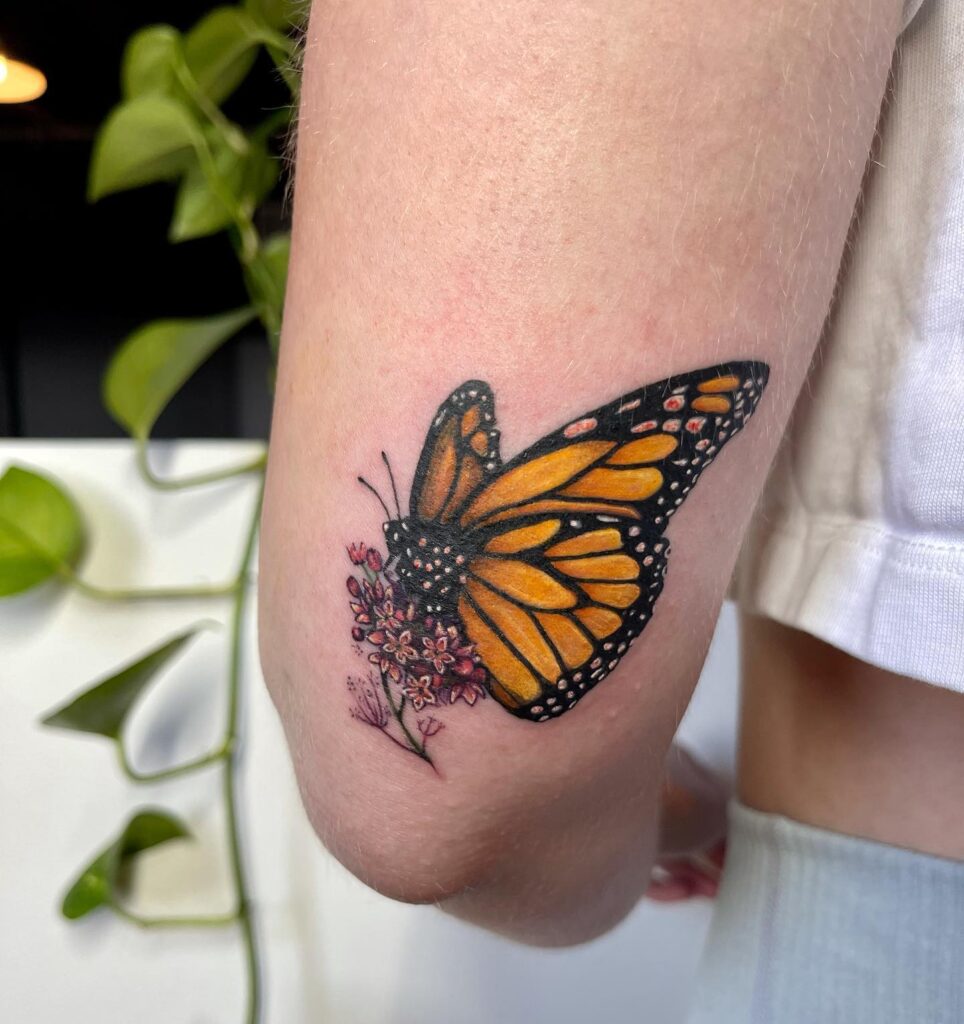 Monarch butterfly tattoo with milkweed