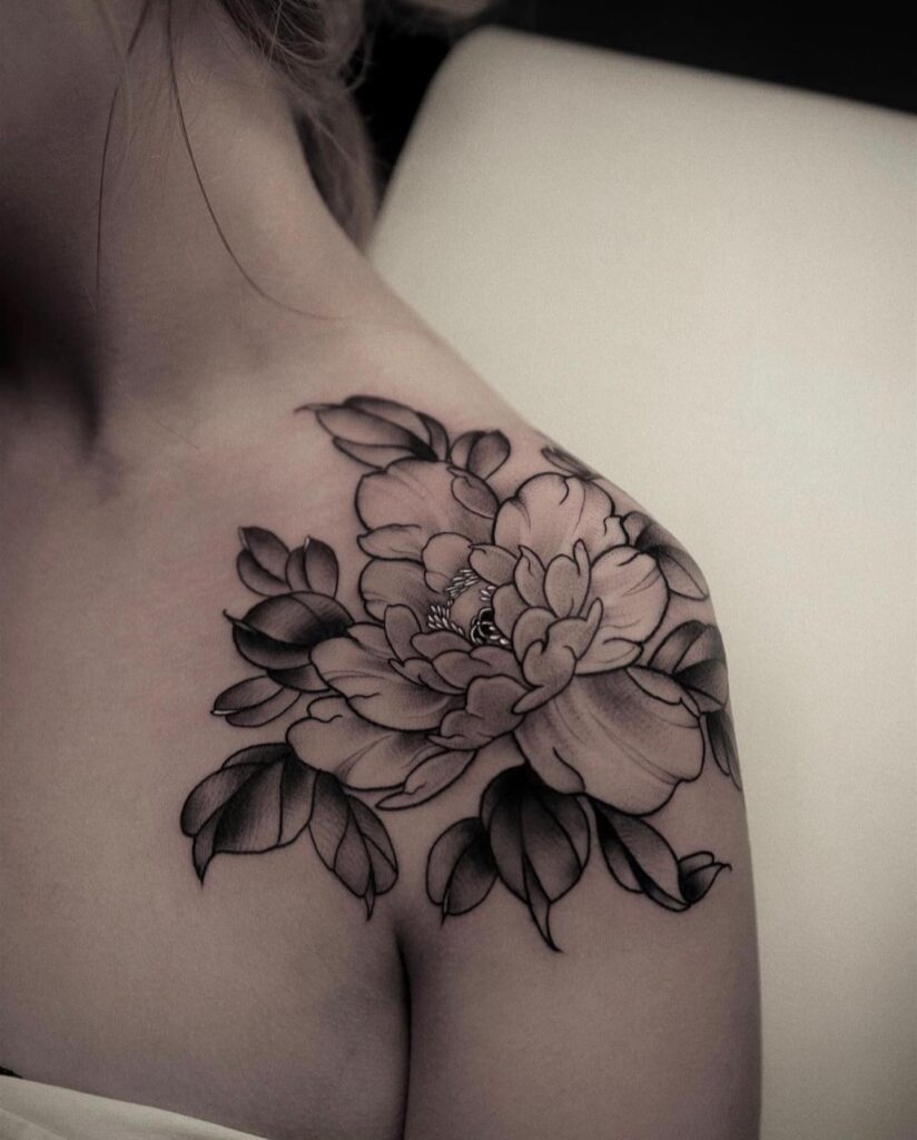 Monochrome Peony Shoulder Tattoo women shoulder flower tattoo ideas tattoo