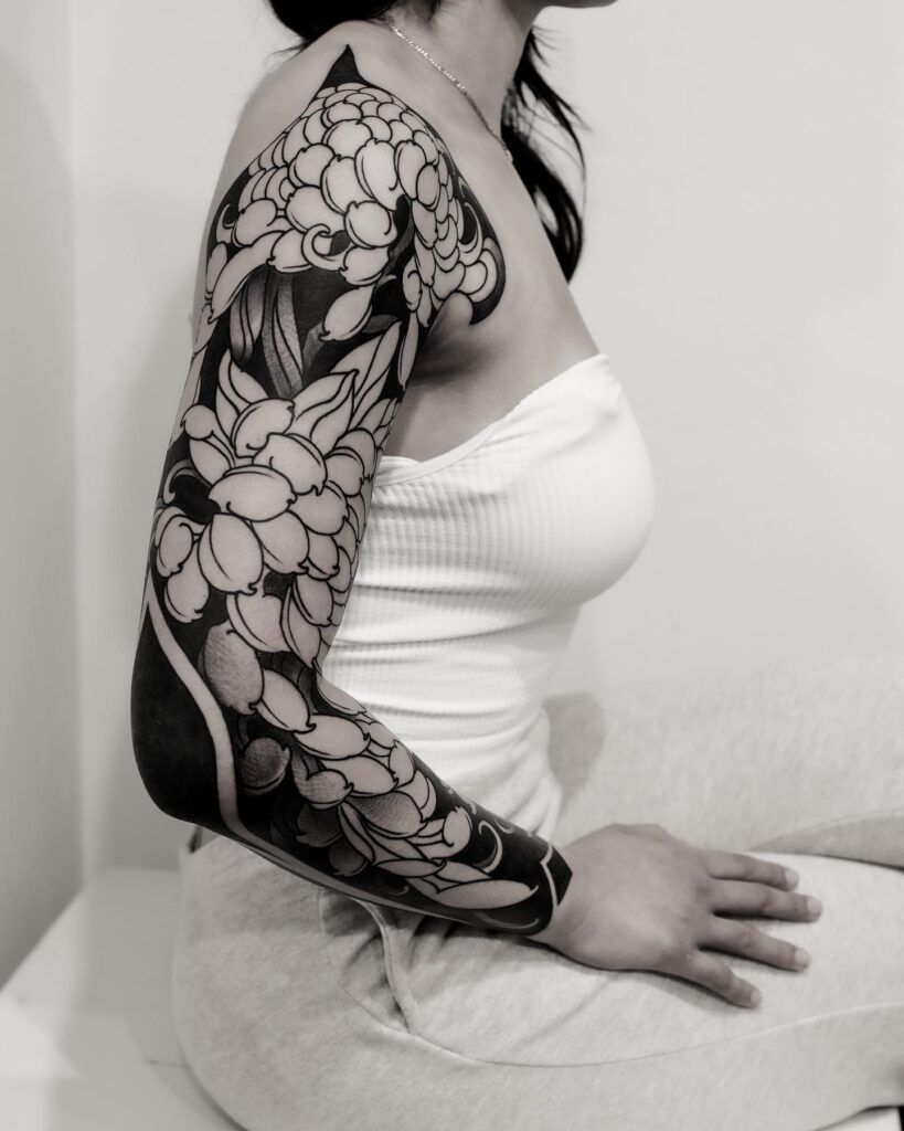Monochrome Peony Sleeve with Blackout Background japanese peony tattoos tattoo