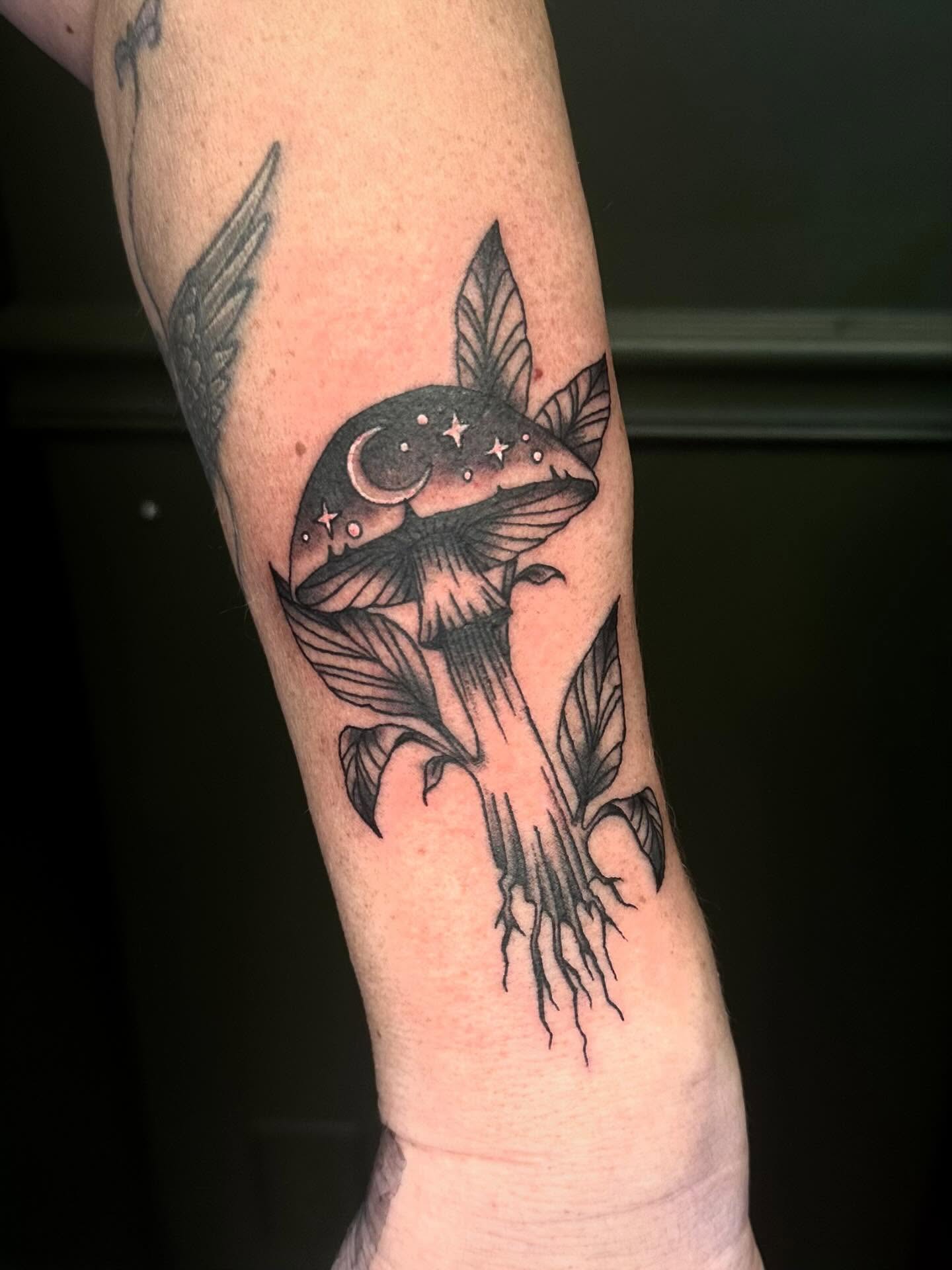 Butterfly and Crescent Moon Mushroom Tattoo mushroom tattoo ideas tattoo