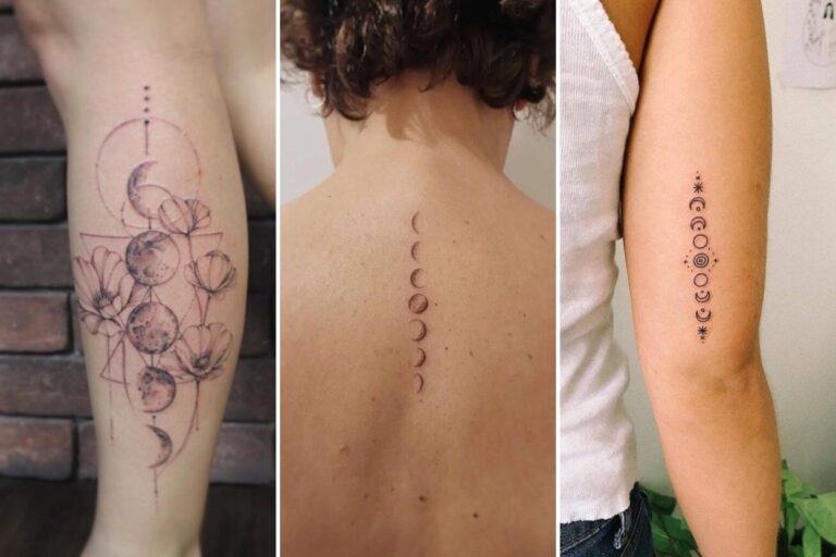 Aesthetic moon phases tattoo designs and delicate ink ideas collage