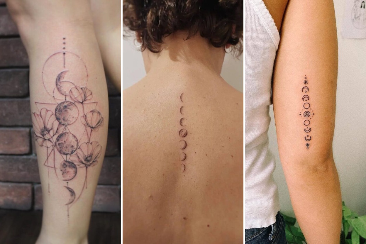 Aesthetic moon phases tattoo designs and delicate ink ideas collage