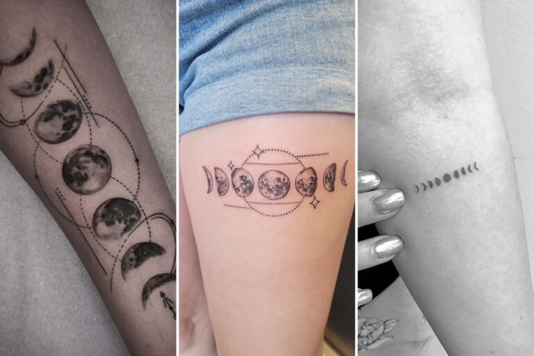 Aesthetic moon phases tattoo designs and delicate ink ideas collage