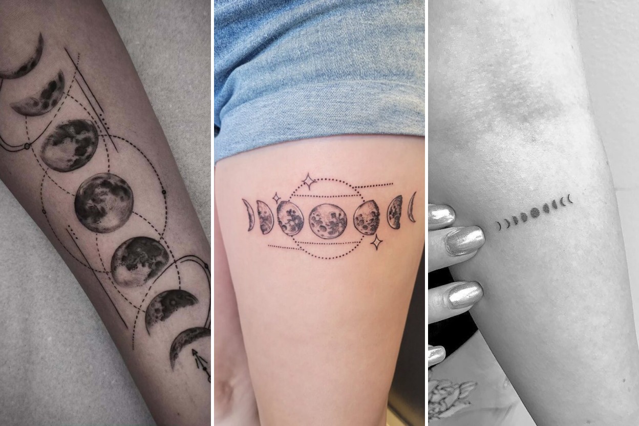 Aesthetic moon phases tattoo designs and delicate ink ideas collage