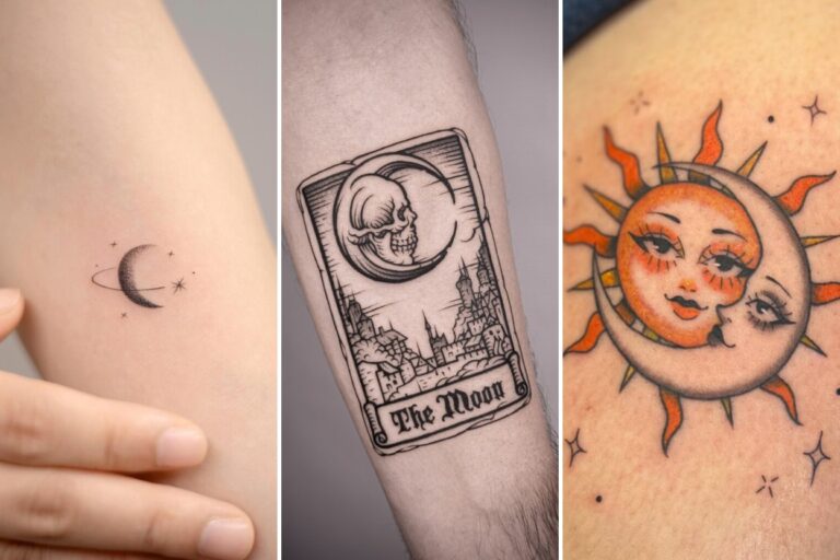 Aesthetic moon tattoos and delicate ink ideas collage