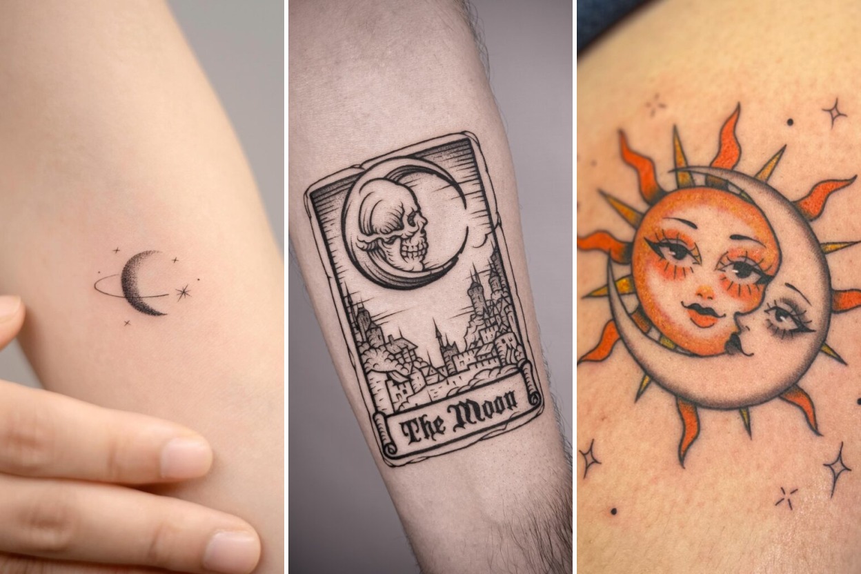 Aesthetic moon tattoos and delicate ink ideas collage