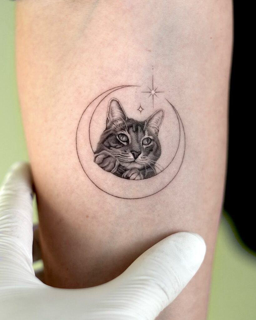 Moonlit Cat Portrait Tattoo small cat tattoos tattoo