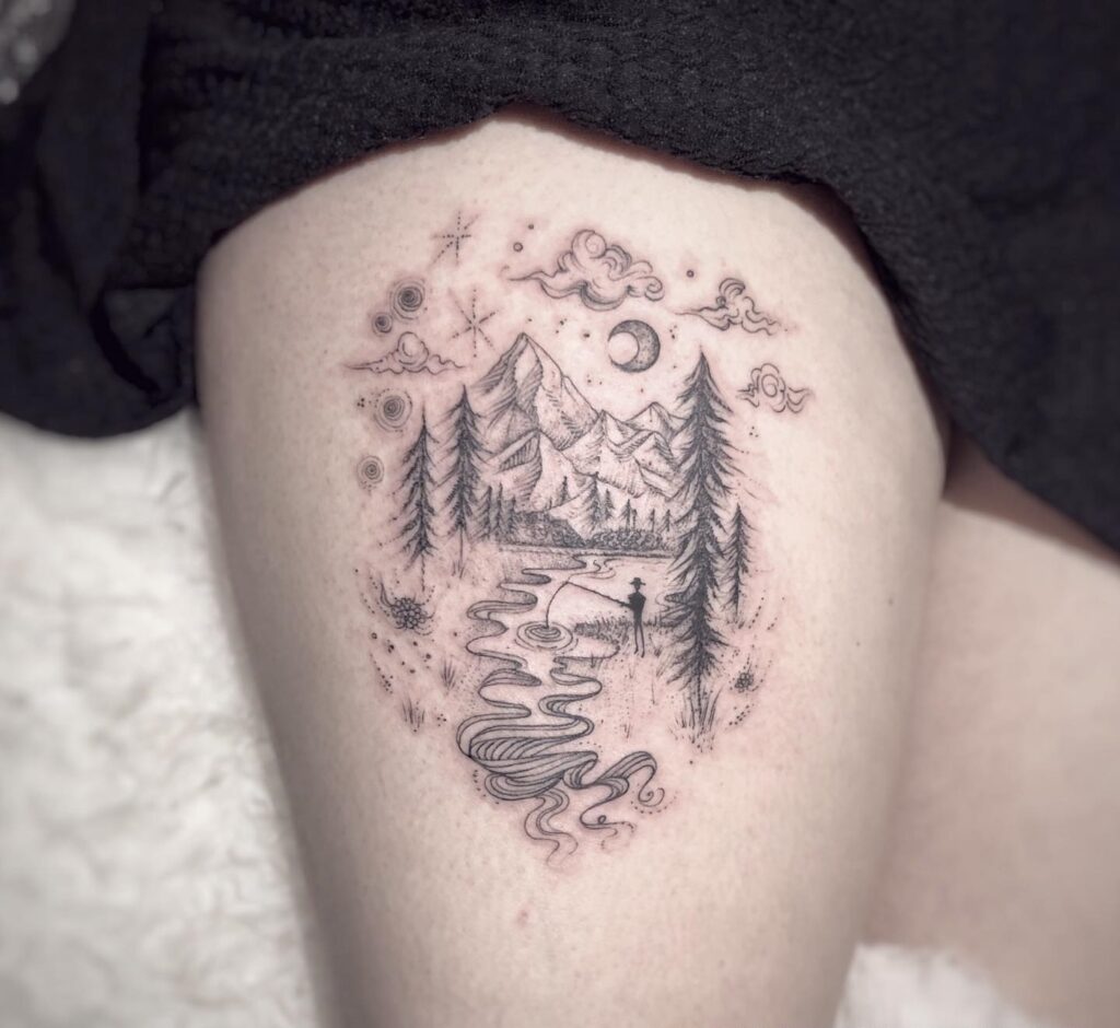 Moonlit Mountain Creek nature scene tattoo