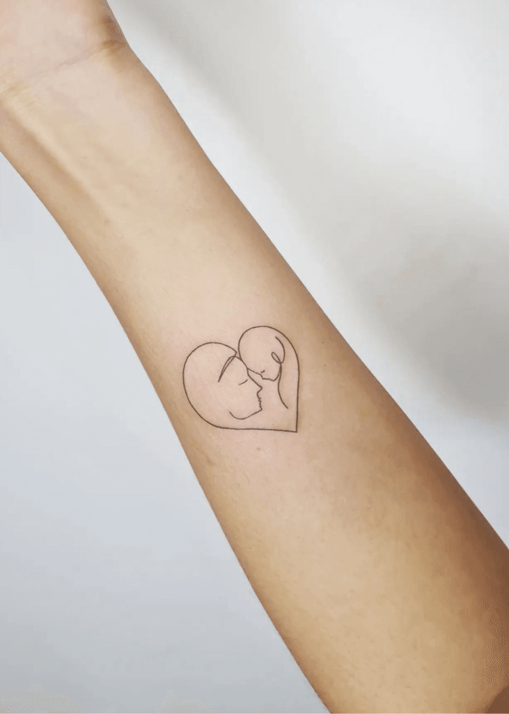 Mother & Child Heart-Shaped Line Tattoo