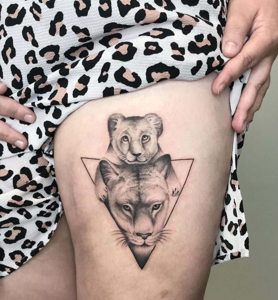 Mother and Baby Lioness Tattoo with Geometric Frame mom and son tattoo ideas tattoo