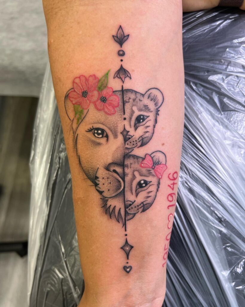 Mother and Cub Split-Face Tattoo mom with kids tattoos tattoo