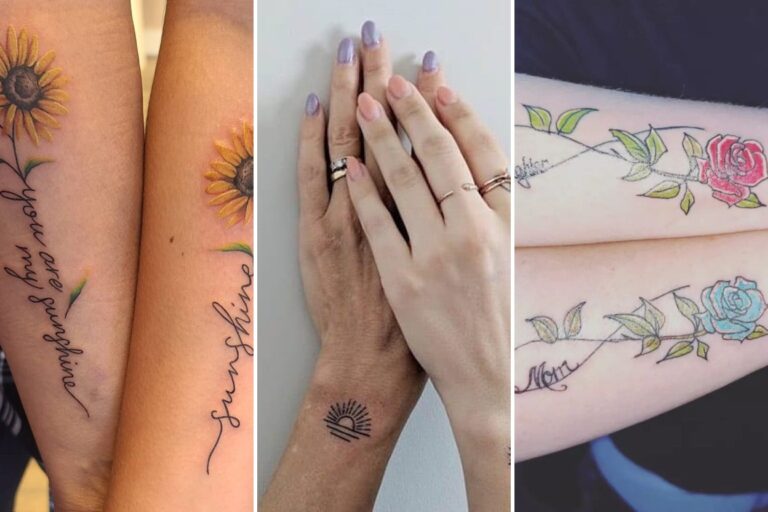 Aesthetic mother and daughter tattoo ideas and delicate ink ideas collage