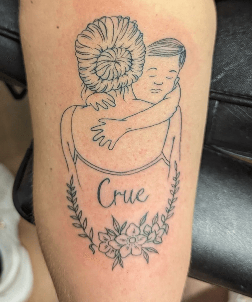 Mother and Son Line Art with Name Script kids name tattoo