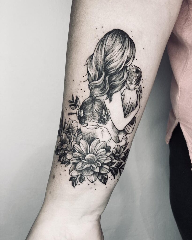 Mother and Two Children Floral Tattoo mom with kids tattoos tattoo