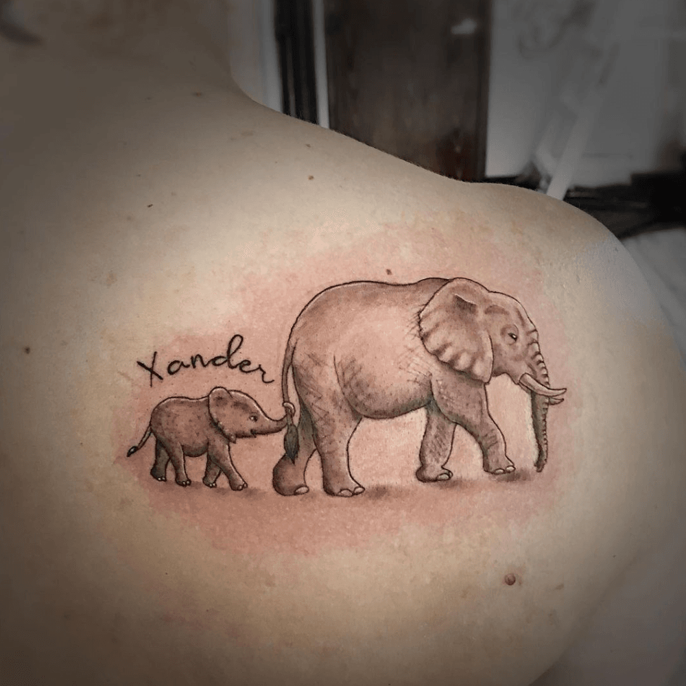 Mother Elephant Guiding Calf with Name Banner kids name tattoo