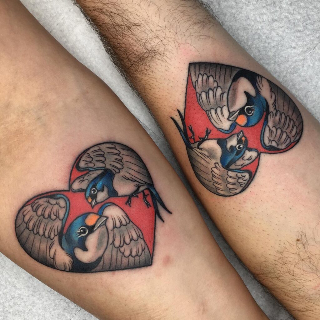 Mother-Son Lovebirds in Heart Tattoo mom and son tattoo ideas tattoo
