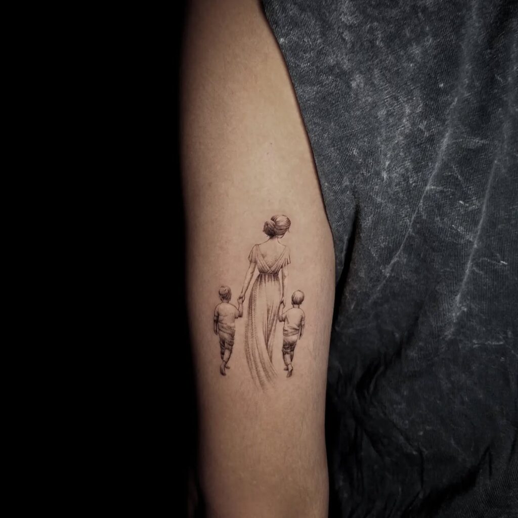 Mother Walking with Two Children Tattoo mom with kids tattoos tattoo