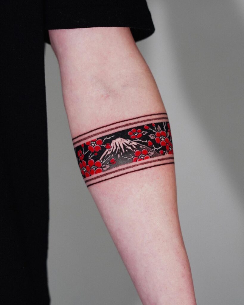 Mount Fuji and Cherry Blossom Armband Tattoo peony flower tattoo ideas tattoo