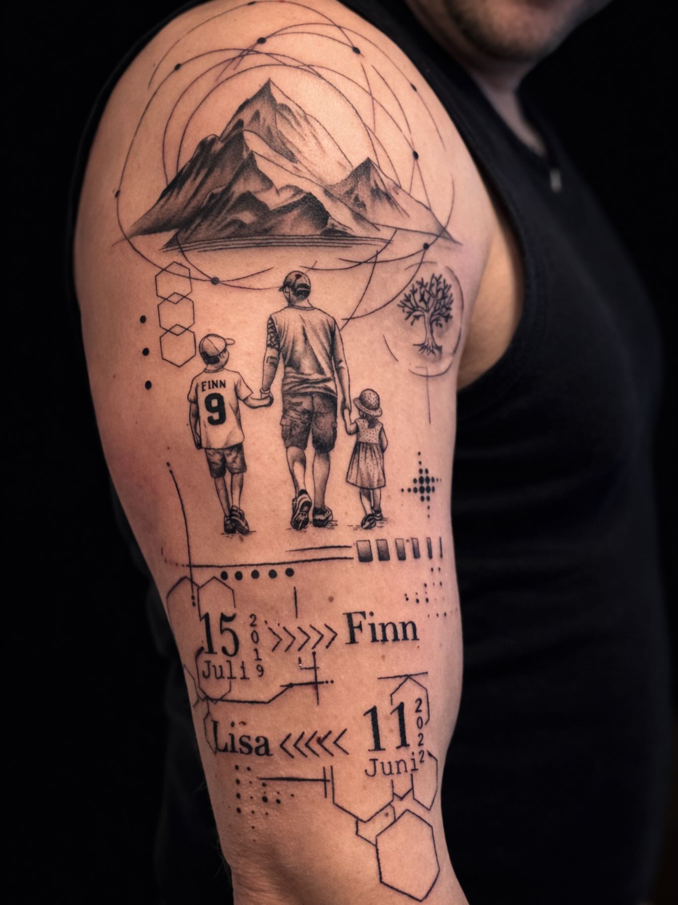 Mountain and Children Family Sleeve Tattoo family tattoos tattoo