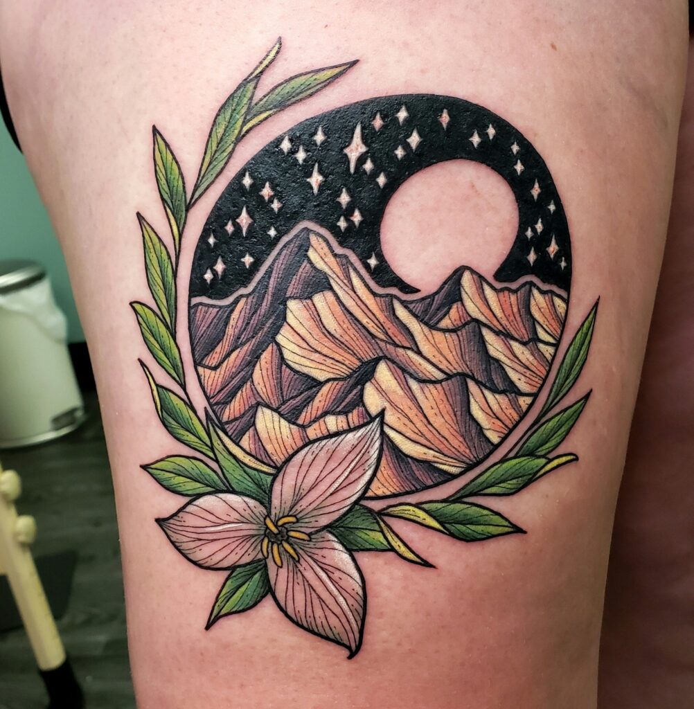Mountain and Night Sky Tattoo with Flower mountain tattoos tattoo