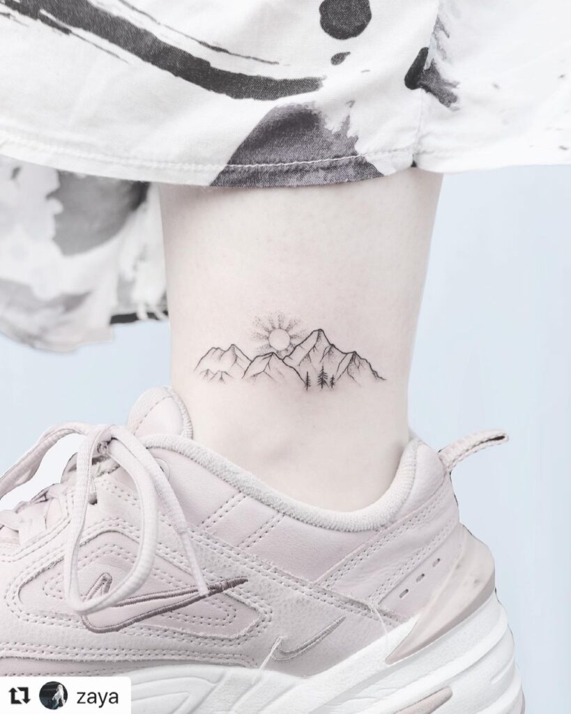 Mountain Landscape Ankle Tattoo mountain tattoos tattoo