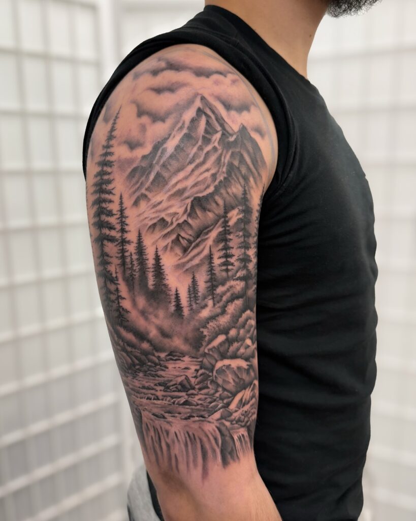 Mountain Landscape Half Sleeve Tattoo half sleeve tattoos for men tattoo