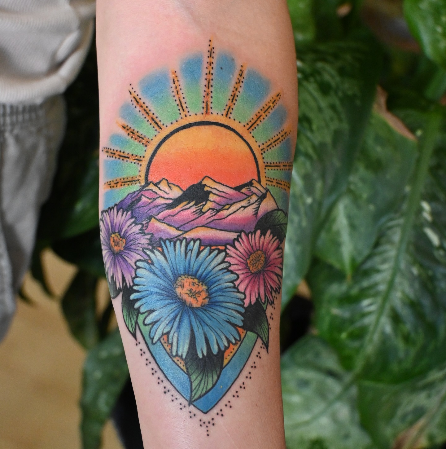 Radiant Circular Dawn Portal sunrise tattoo