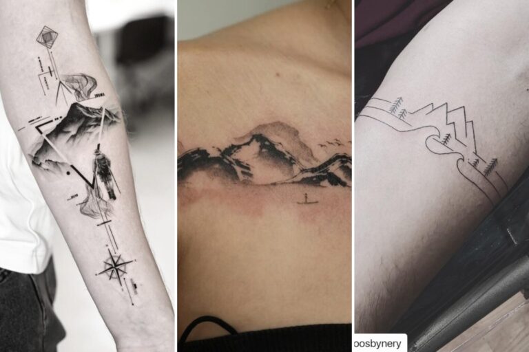 Aesthetic mountain tattoos and delicate ink ideas collage