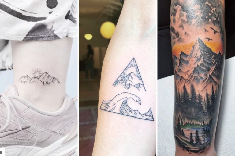 Aesthetic mountain tattoos and delicate ink ideas collage