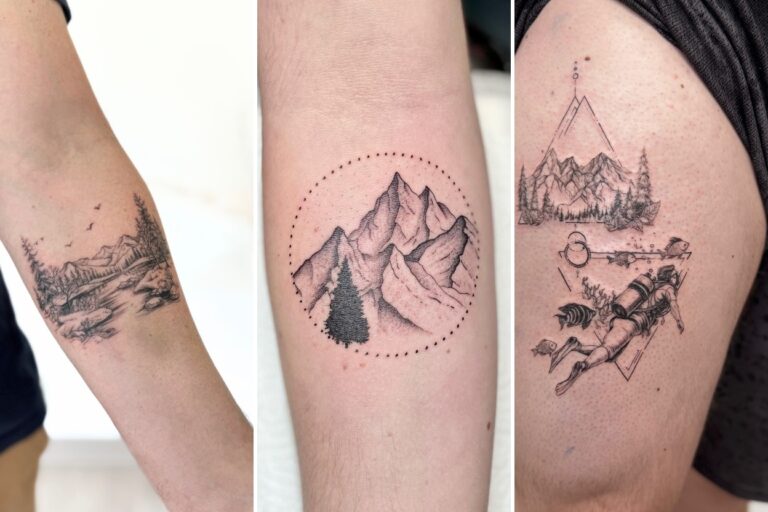 Aesthetic mountain tattoos ideas and delicate ink ideas collage
