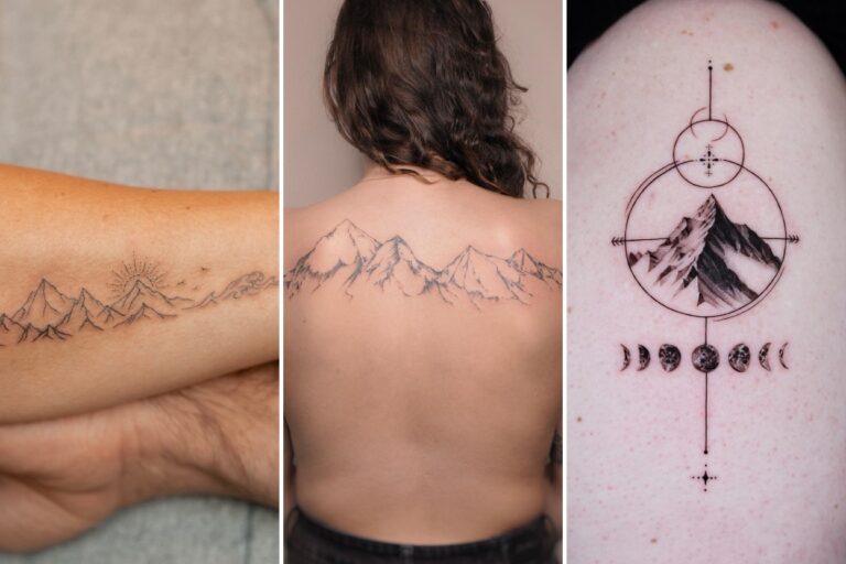 Aesthetic mountain tattoos ideas and delicate ink ideas collage