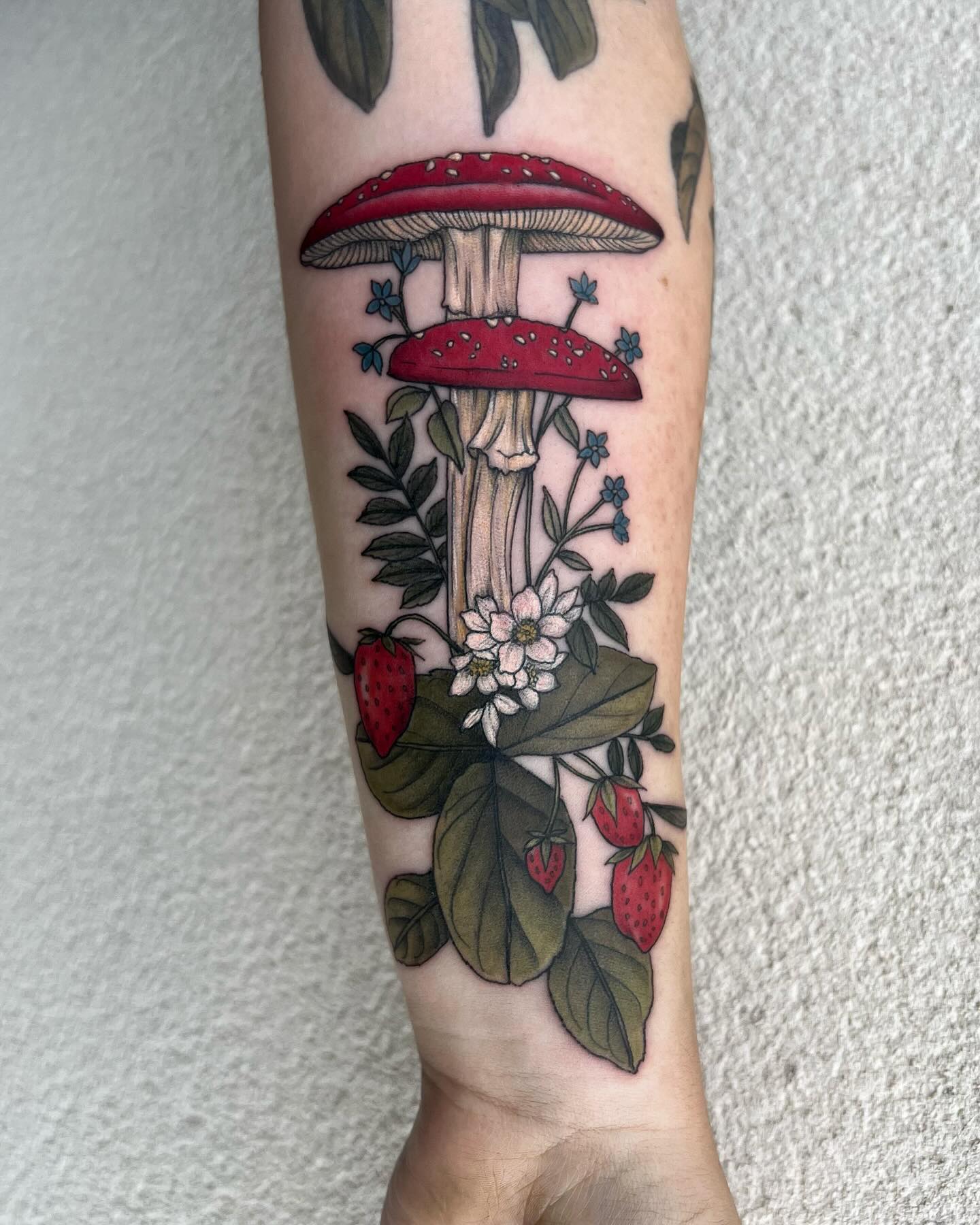 Underboob Mushroom Tattoo with Forest-Inspired Details mushroom tattoo ideas tattoo