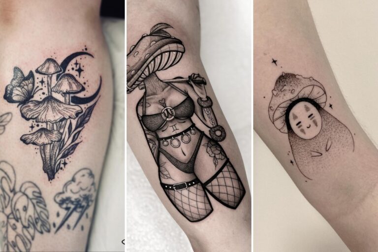 Aesthetic mushroom tattoo ideas and delicate ink ideas collage