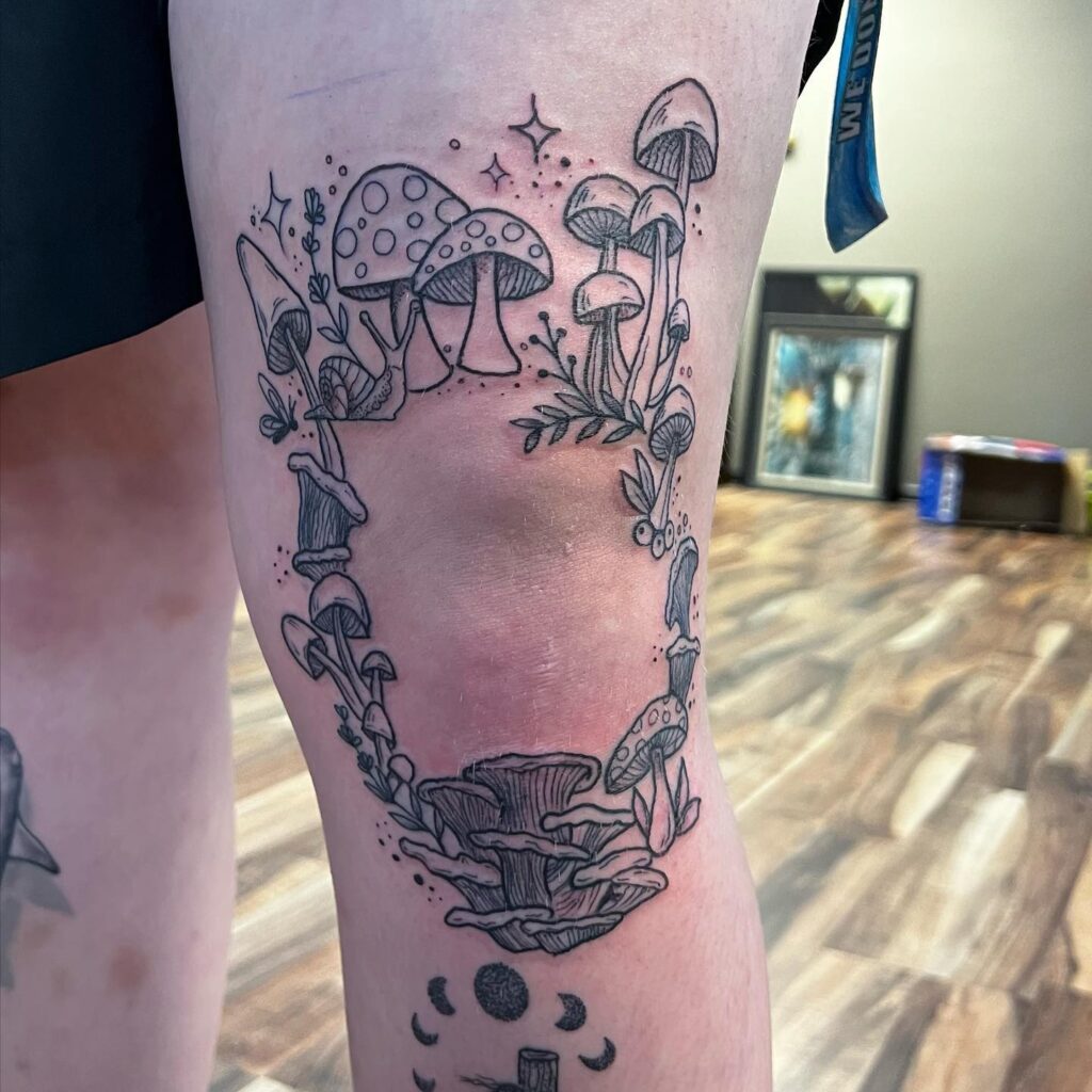 Delicate Floral Knee Frame In Black And Grey Tattoo Design