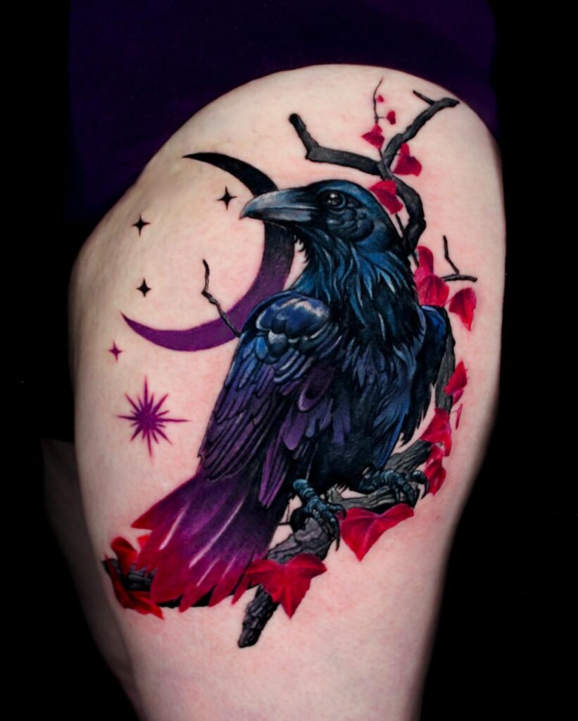 Horned Raven And Crescent Moon Tattoo