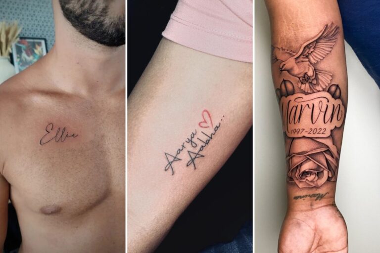 Aesthetic name tattoos for men and delicate ink ideas collage