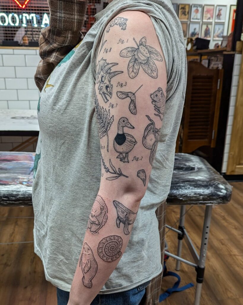 Whimsical And Cosmic Patchwork Tattoo Sleeve