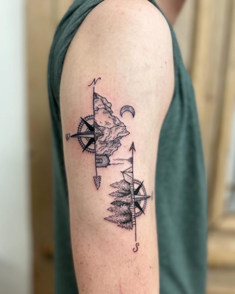 Navigational Compass Rose with Mountain Ridge nature scene tattoo