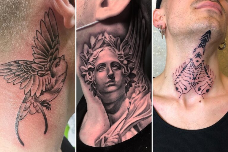 Aesthetic neck tattoo designs for men and delicate ink ideas collage